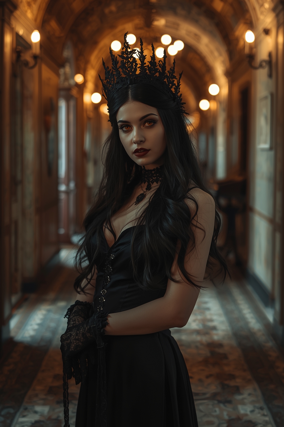 Gothic Victorian woman with fire-like eyes - AI generated image example