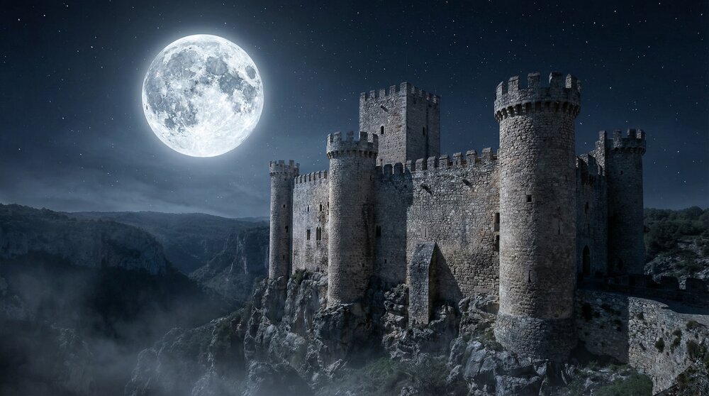 Majestic castle beneath giant moon
